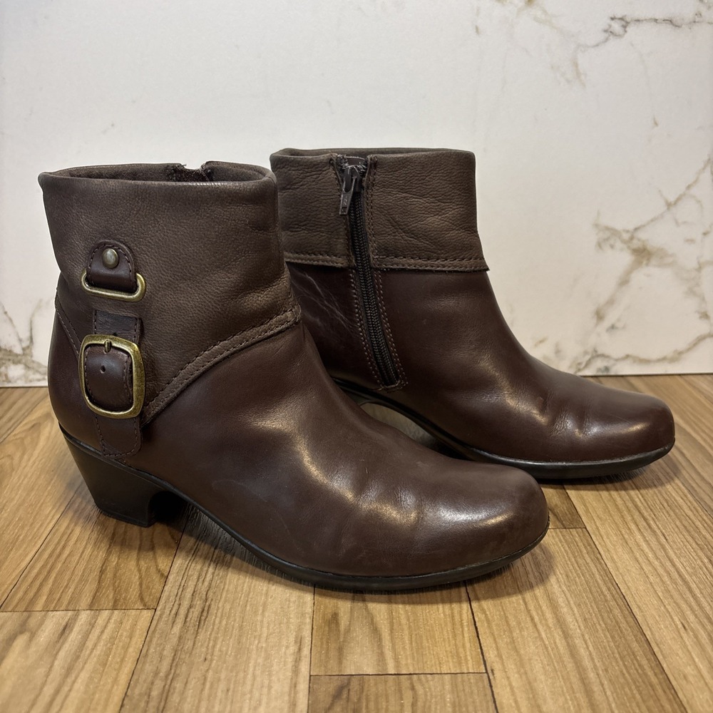 Clark's Bendables 62737 Brown Leather Ankle Booties Boots Womens 7 Buckle Boho